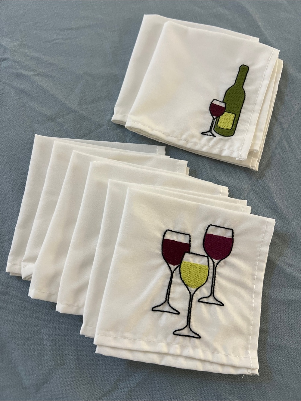 White Wine Glass Embroidered Cotton Napkins - Set of 8 Table Linens
